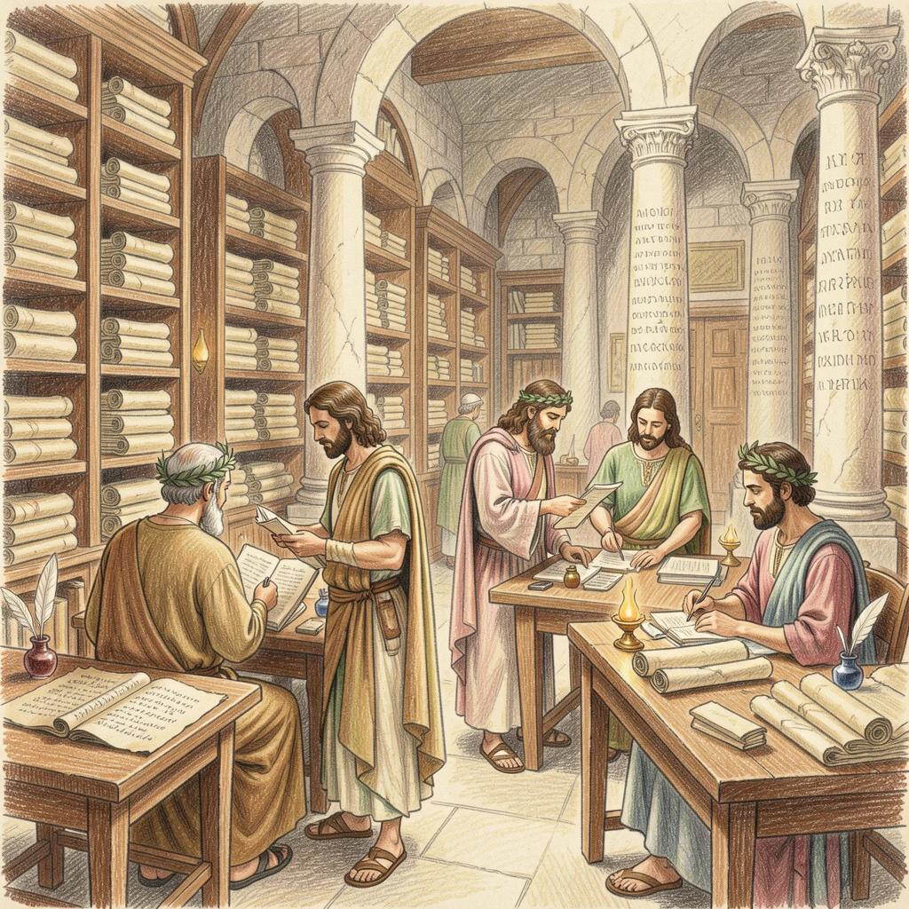 An ancient library of Alexandria filled with scrolls and scholars, with careful attention to period-accurate clothing and setting, celebrating the beauty and richness of world history.