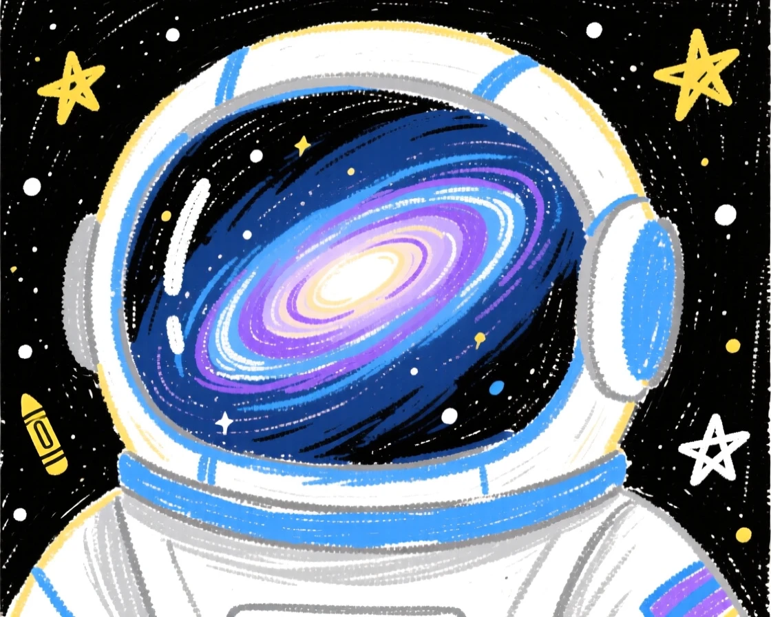 A distant spiral galaxy reflected in the visor of a spacesuit.