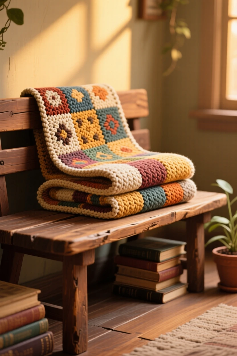 A hand-knitted quilt folded over a wooden bench, set within a cozy, warmly lit room, composed with soft diagonal lighting for depth, with soft golden light highlighting fine craftsmanship.
