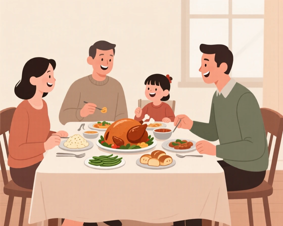 A family gathered around a table sharing a traditional holiday feast.