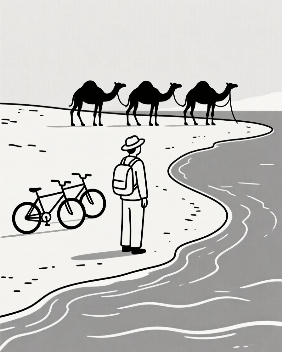 A traveler standing before a desert caravan in a remote island shoreline, with a row of parked bicycles nearby, feeling wanderlust.