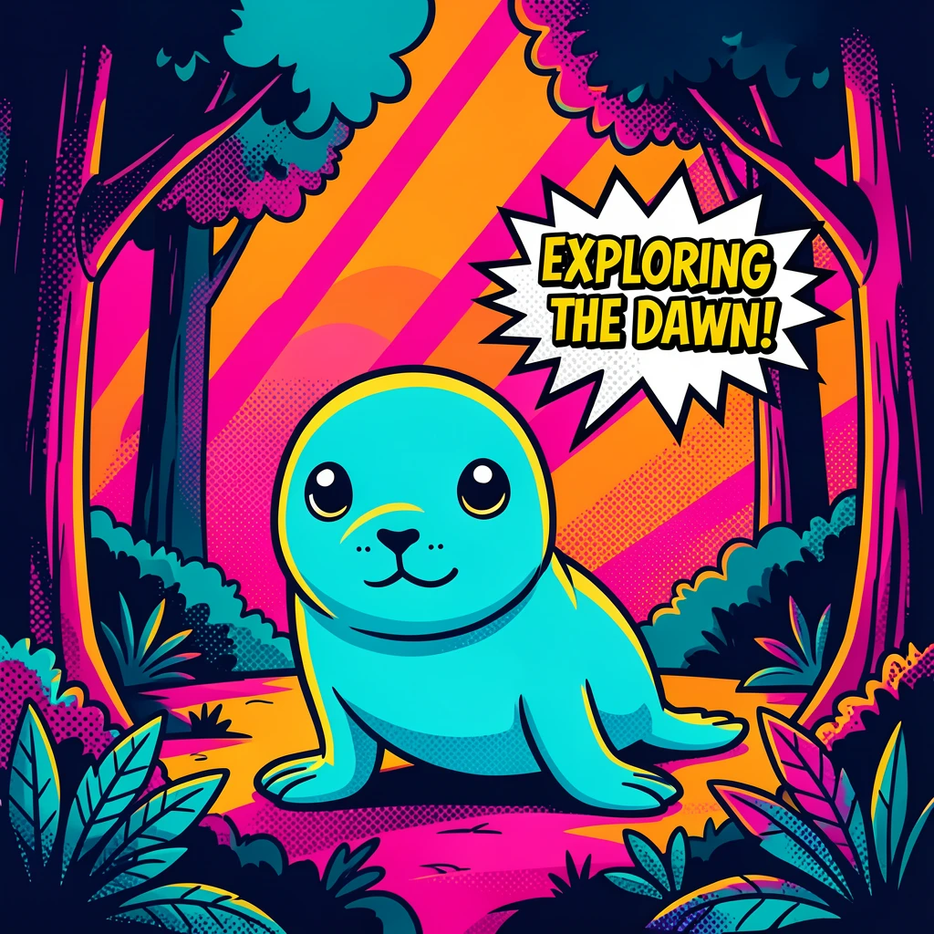 A baby seal exploring a quiet forest at dawn