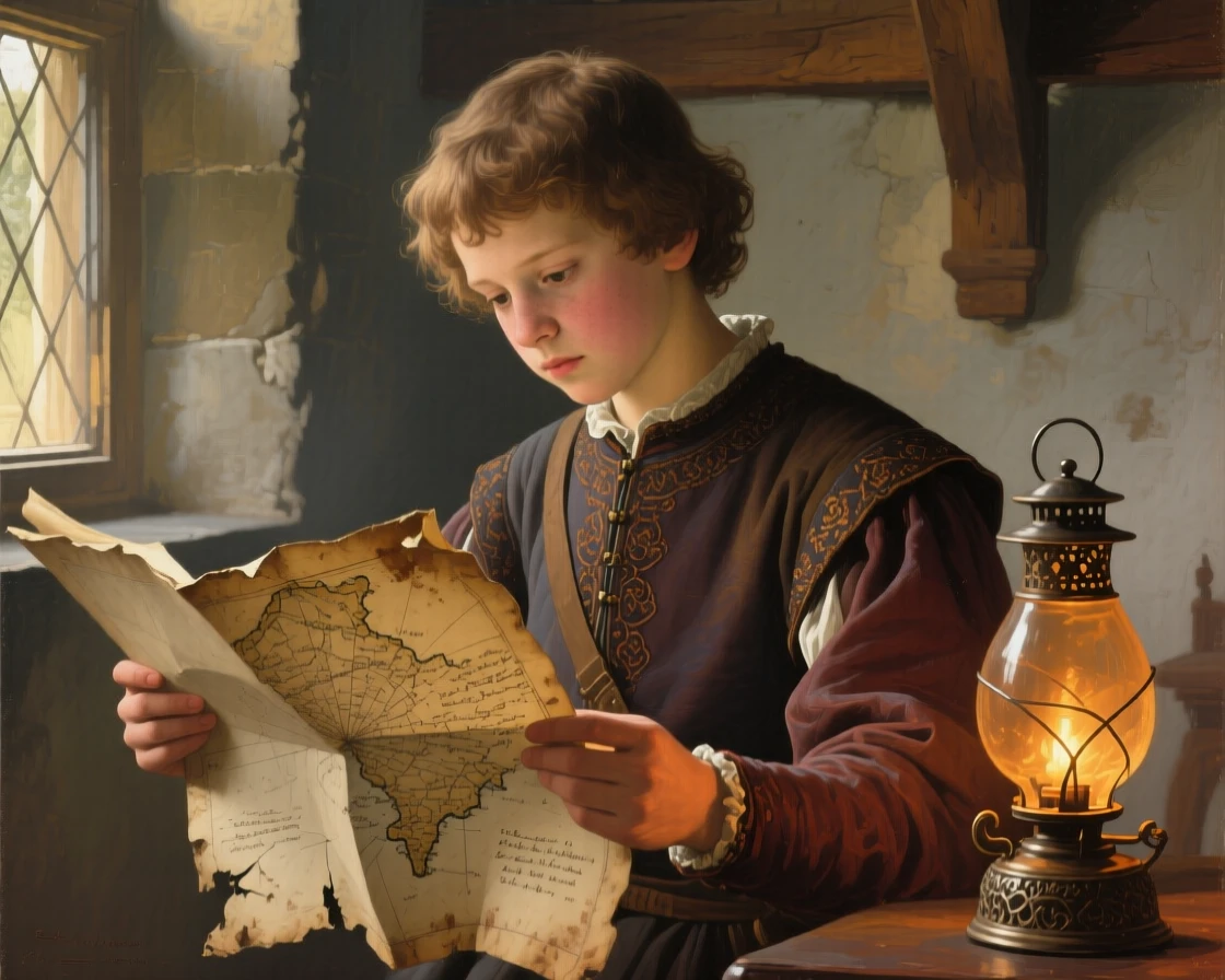 A close-up portrait of a young explorer studying a worn map by lantern light, in late afternoon, in the Renaissance period.