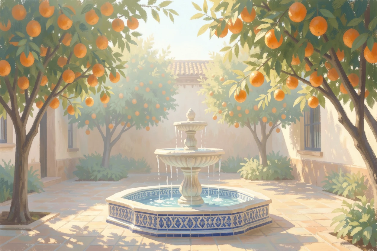 A traditional Andalusian courtyard filled with orange trees, a tiled fountain trickling softly in the shade, in the gentle hush of early morning, evoking a sense of peace and quiet wonder.