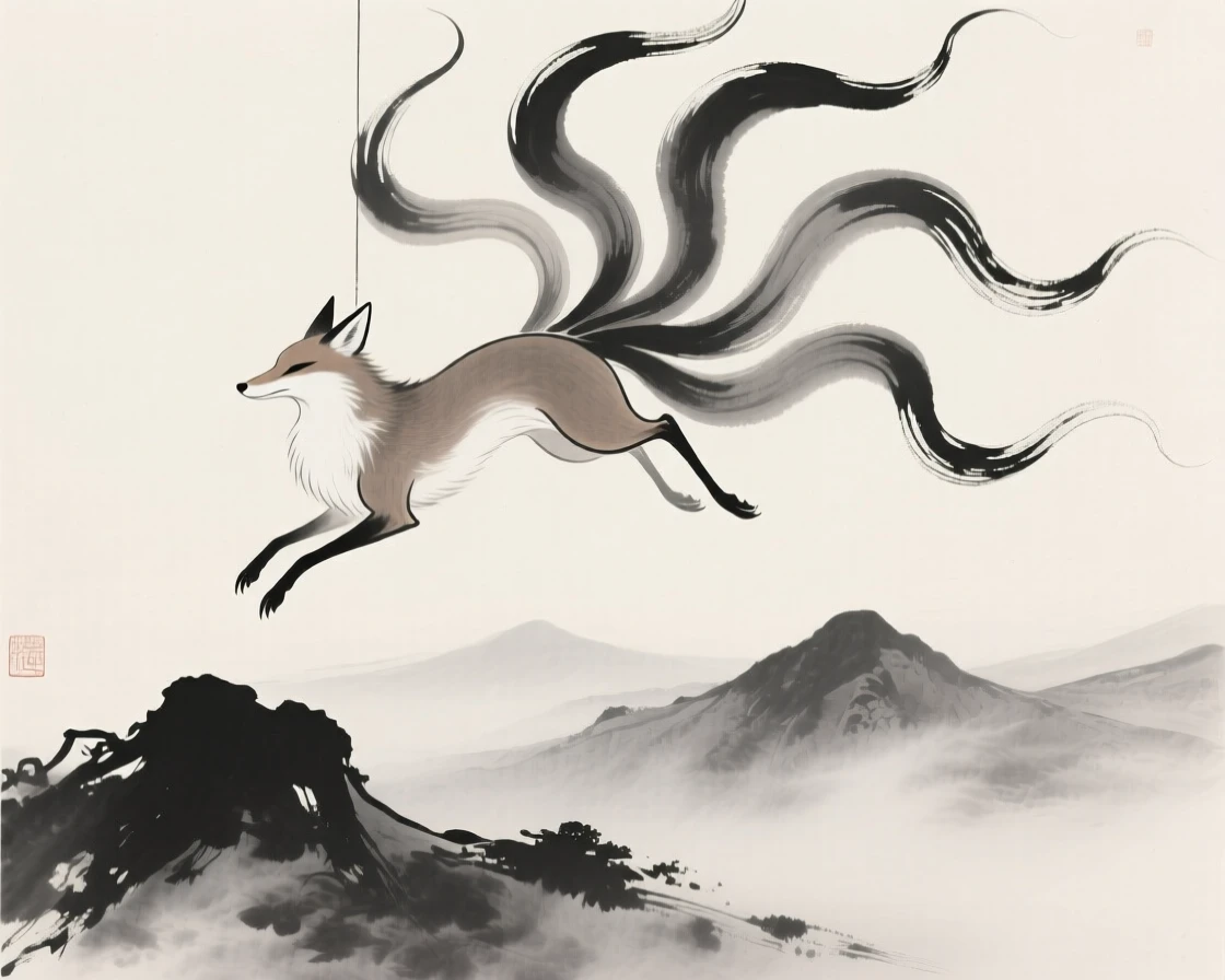 A spirit fox with nine flowing tails above a mist-shrouded mountain range, captured mid-motion with flowing, graceful lines, carrying a sense of magic woven into the natural world.