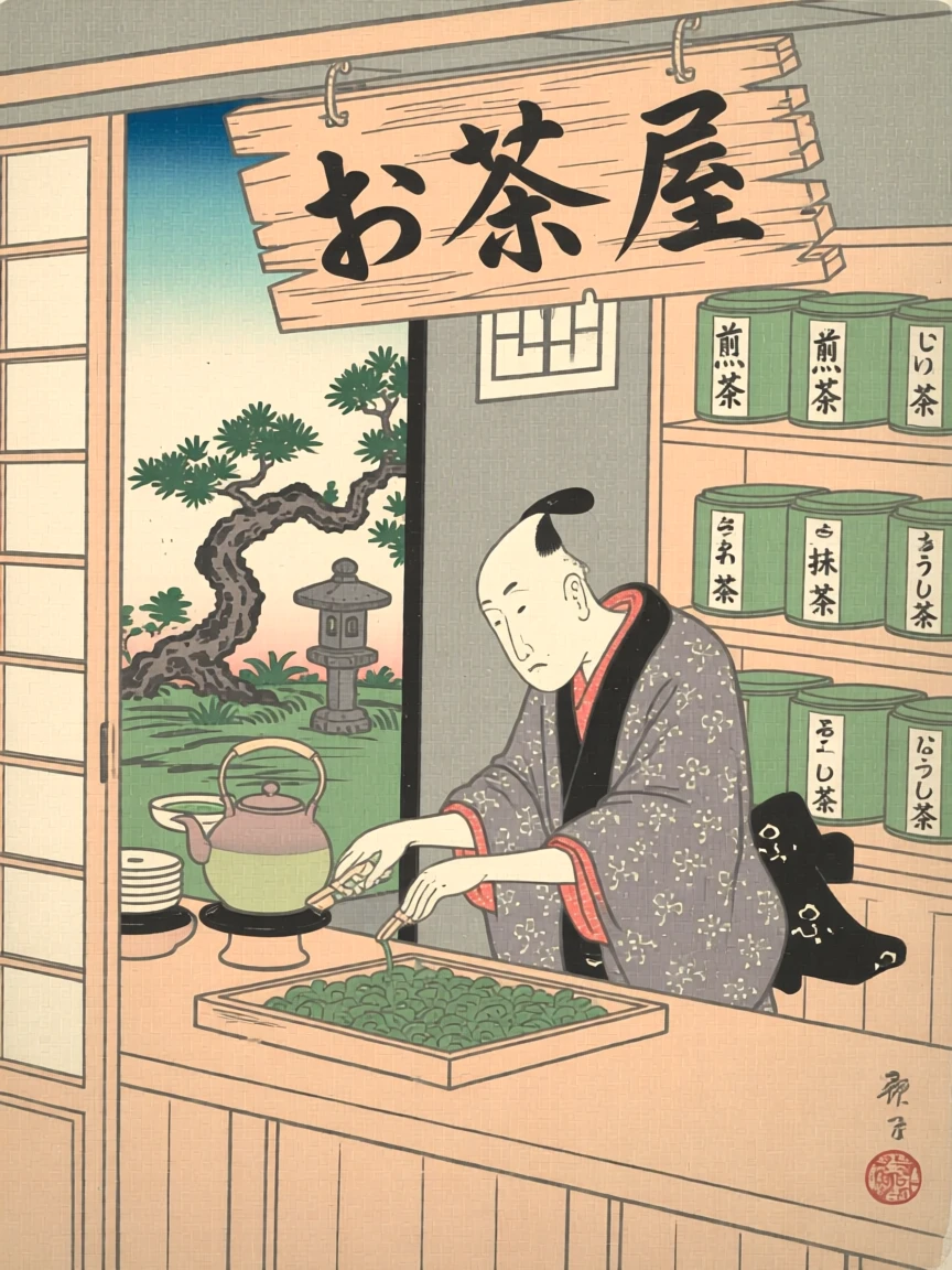 A tea shop owner steeping fresh leaves behind a wooden counter.