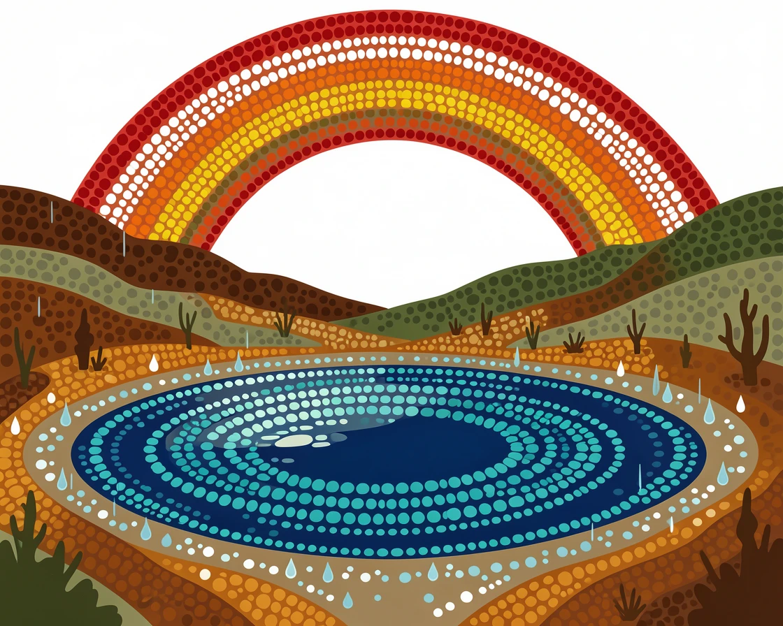 A hidden alpine lake beneath a rainbow after rain