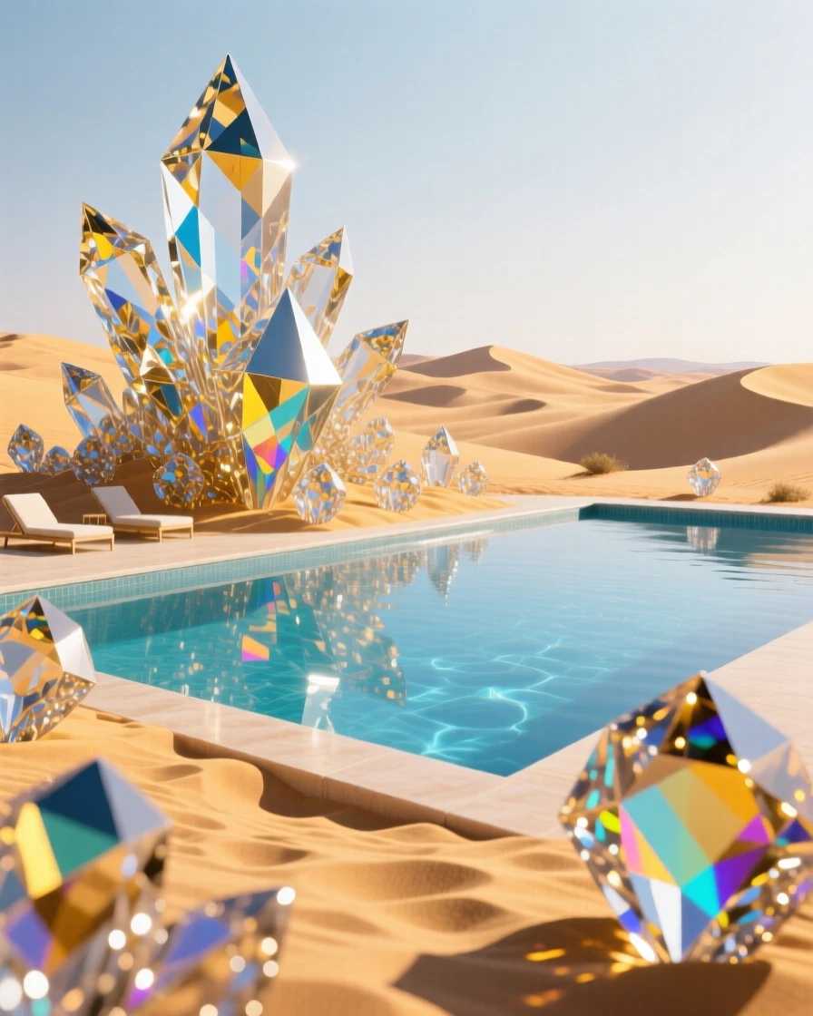 A dramatic desert resort infinity pool blending seamlessly into golden sand dunes.