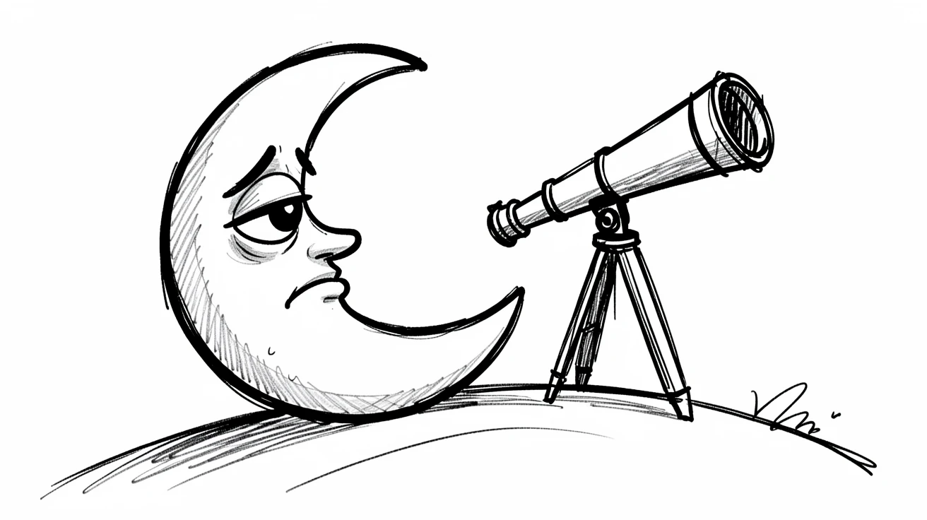 A crescent moon with a sleepy face beside a telescope on a hilltop.