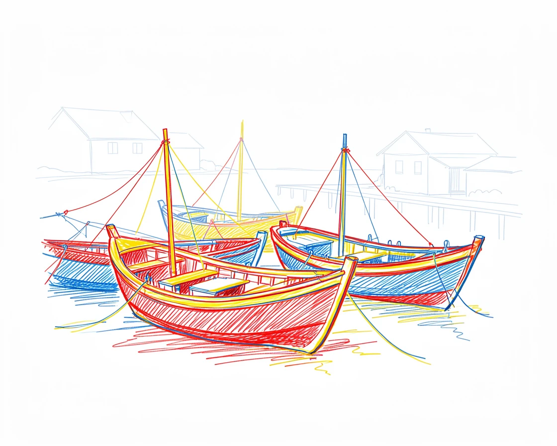 A quiet fishing village with brightly painted boats resting on the shore