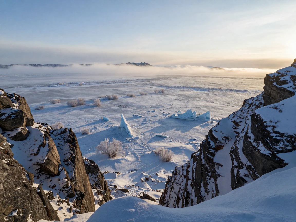 A vast frozen tundra viewed from a high mountain pass