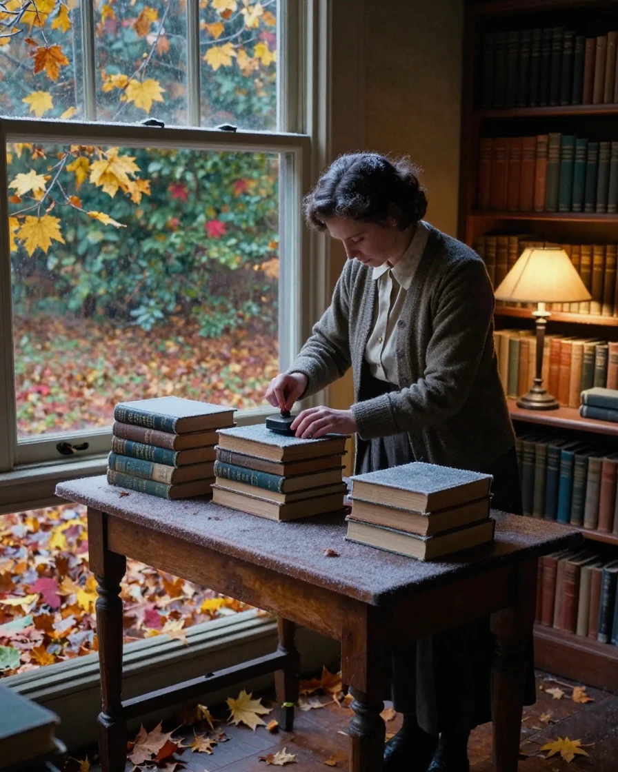 A librarian stamping a stack of returned books, in dappled light filtering through leaves, with frost coating every surface, as autumn leaves turn gold and red, with deep emerald greens and browns, viewed from across the room.