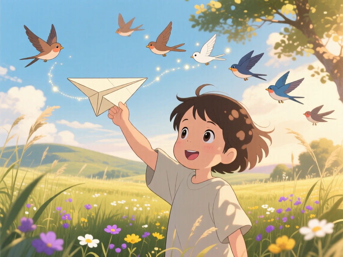 A charming scene of a paper airplane soaring above a child's outstretched hand, as birds fly alongside it.