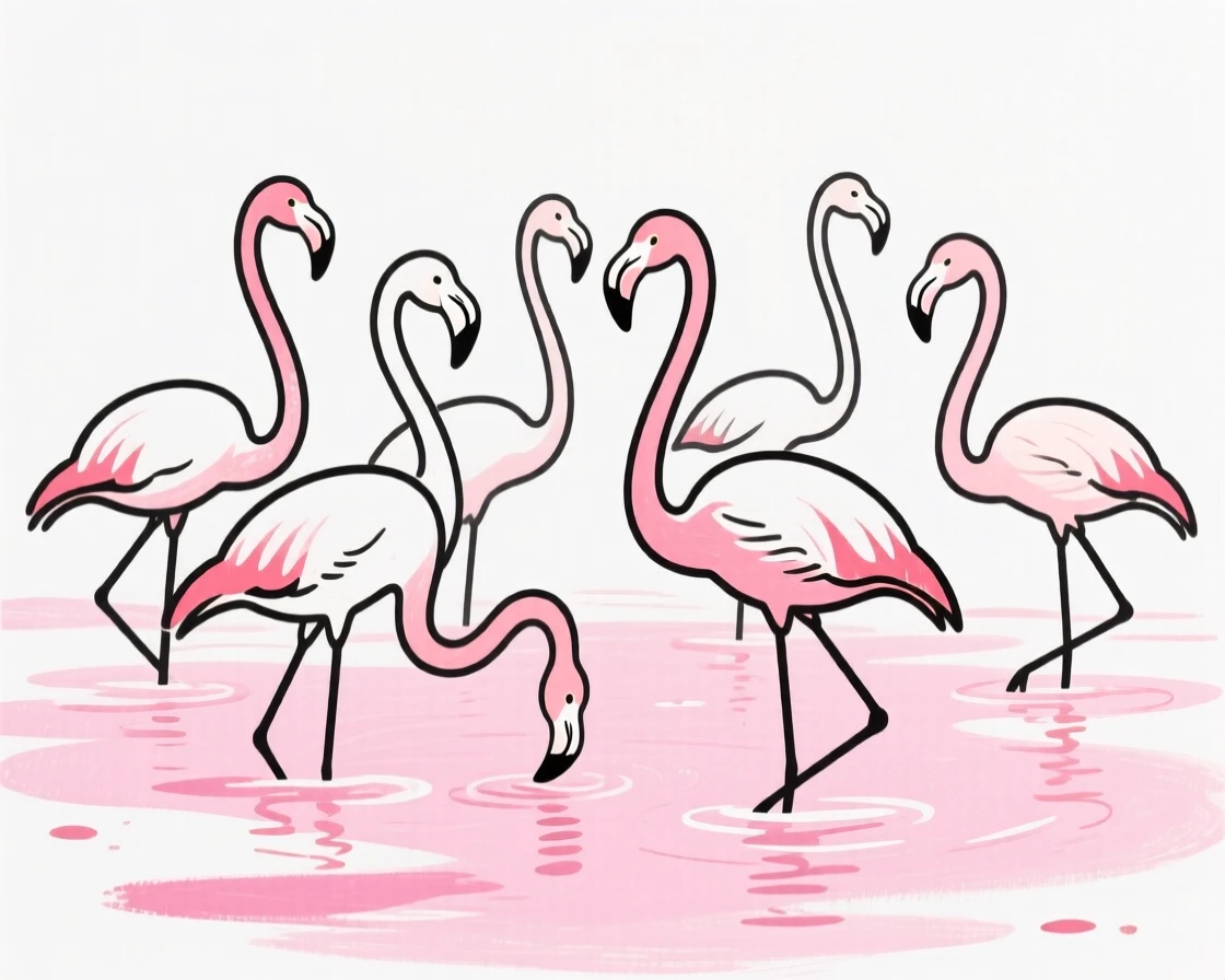 A flock of flamingos wading through a shallow pink-tinted lagoon.