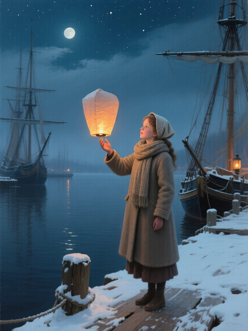 A well-framed scene of a young girl releasing a paper lantern into the night sky, in the age of sailing ships, in deep winter.