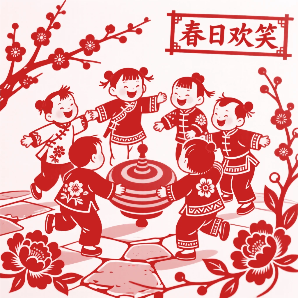 A group of laughing children, spinning a colorful top on a stone floor, the scent of blossoms filling the spring air.
