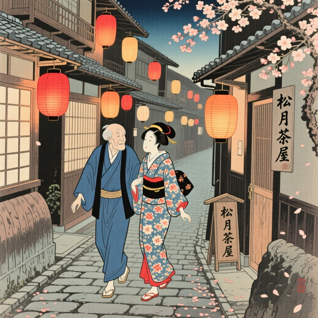 An elderly couple gliding down a narrow lantern-lit alley.