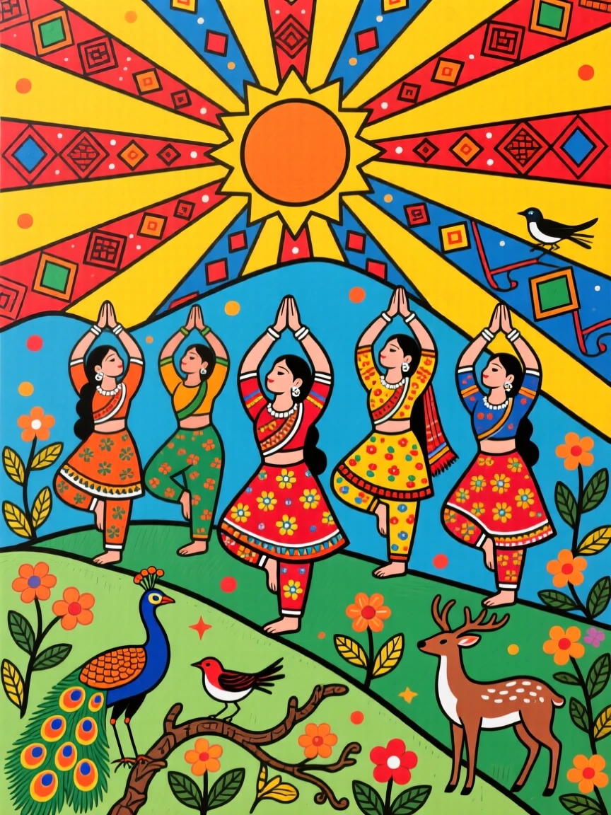 A group practicing sun salutations together on a quiet hillside.