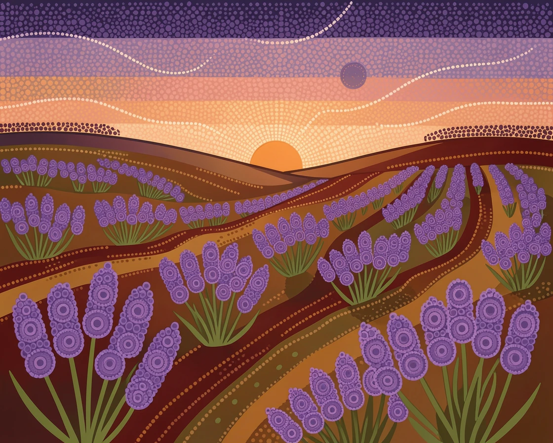 A lavender field lit by the last light of day