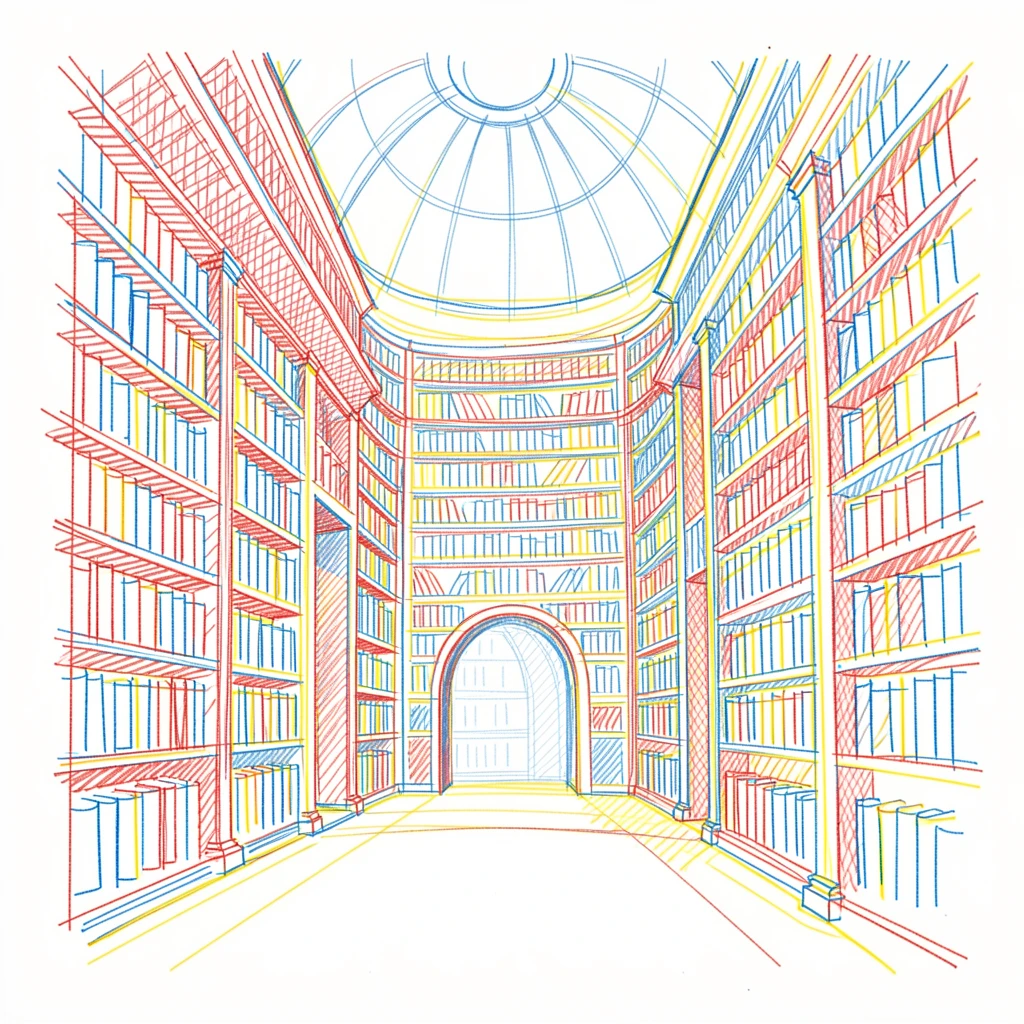 A grand ancient library with towering shelves and a domed ceiling