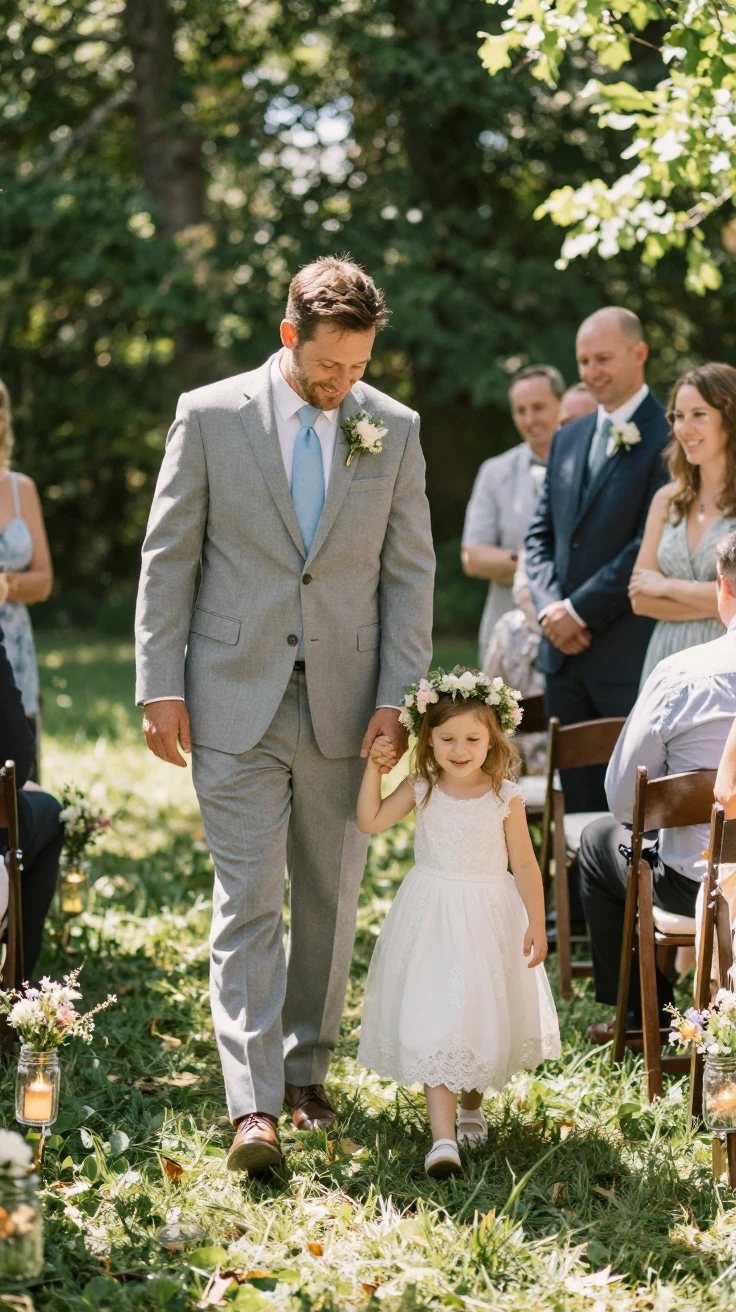 A father walks his daughter down a grassy aisle at an outdoor wedding lined with mason jar lanterns.