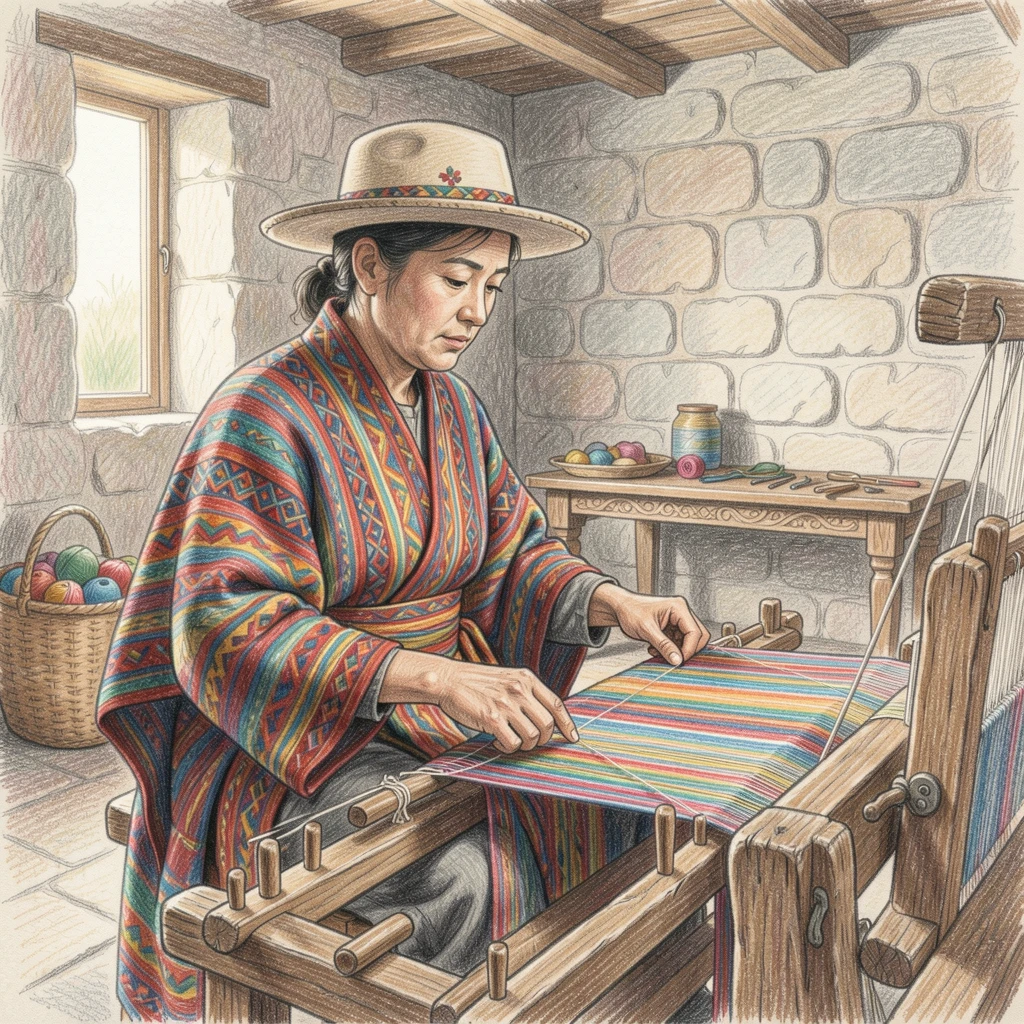 A traditional Peruvian weaver working colorful threads on a loom, with careful attention to period-accurate clothing and setting, evoking a sense of timeless tradition and heritage.