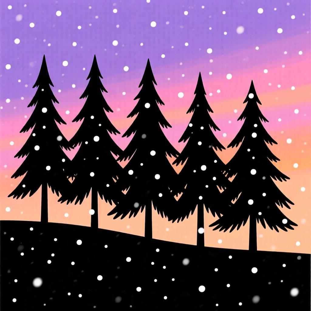 A row of snow-covered pine trees glowing under a blanket of soft snowfall.