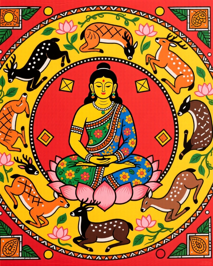 A meditating figure surrounded by a circle of resting deer.