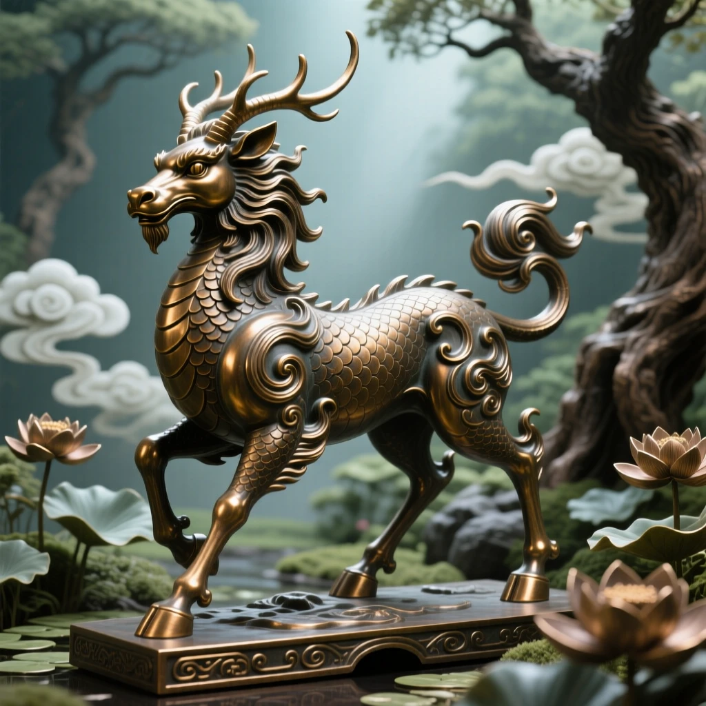 A mythical qilin walking through a sacred garden, bathed in ethereal, otherworldly glow, radiating awe and grandeur