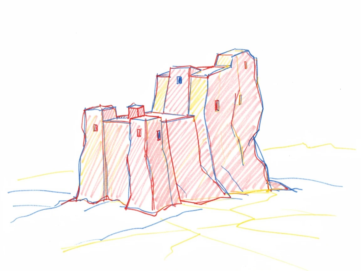 A desert fortress carved directly into rose-colored rock