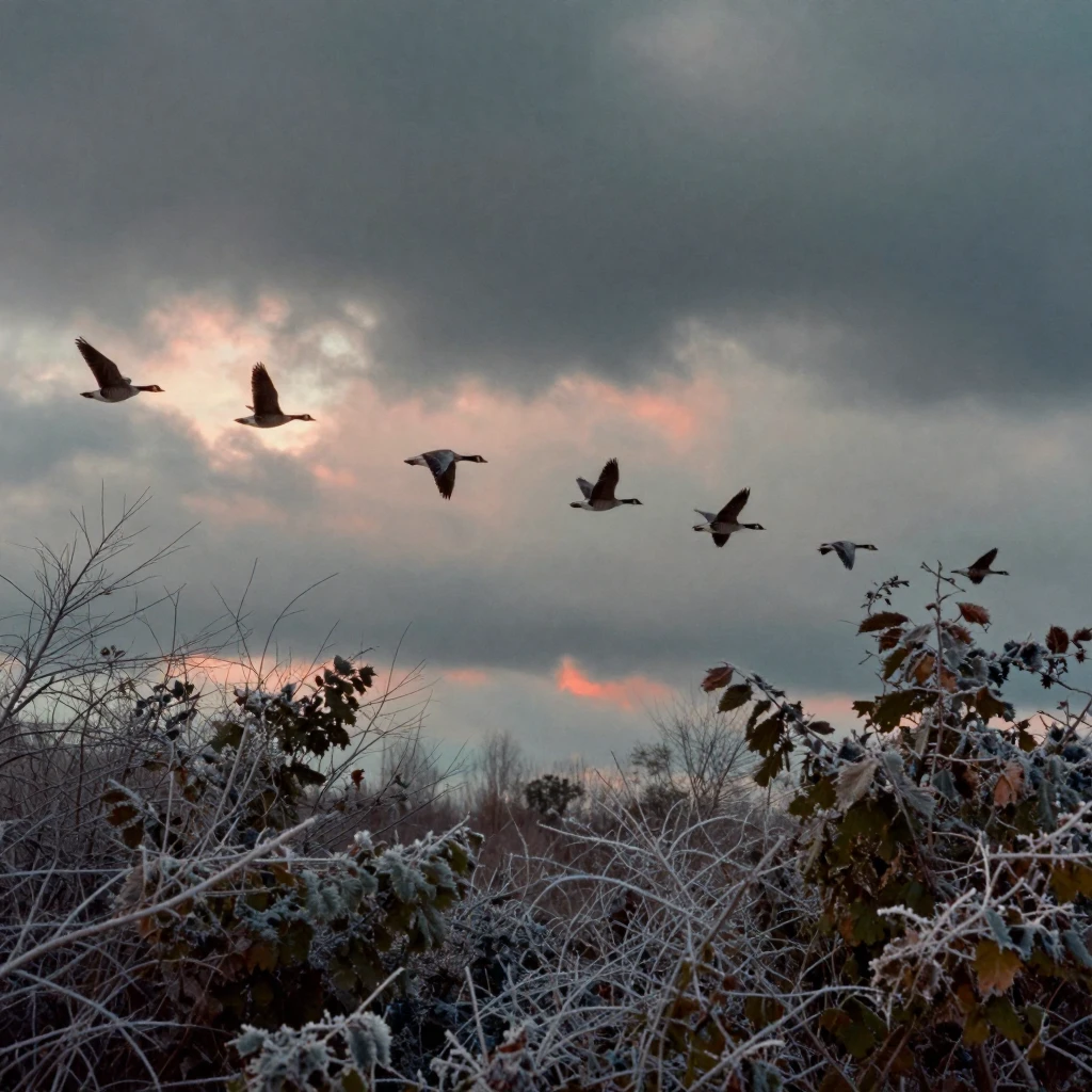 A flock of geese flying in formation across a dusky sky, under harsh midday sun, under a darkening storm sky, in the depths of winter, in vivid coral and turquoise hues, peering through foliage in the foreground.