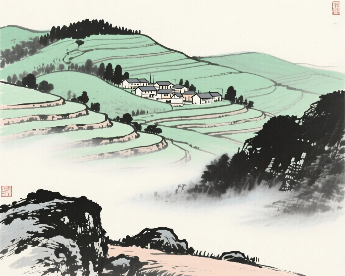A terraced hillside village nestled among green slopes as thin mist rolls slowly through the lower valley, framed low, with the foreground rocks leading the eye toward the distance, capturing a fleeting, serene moment suspended in time.