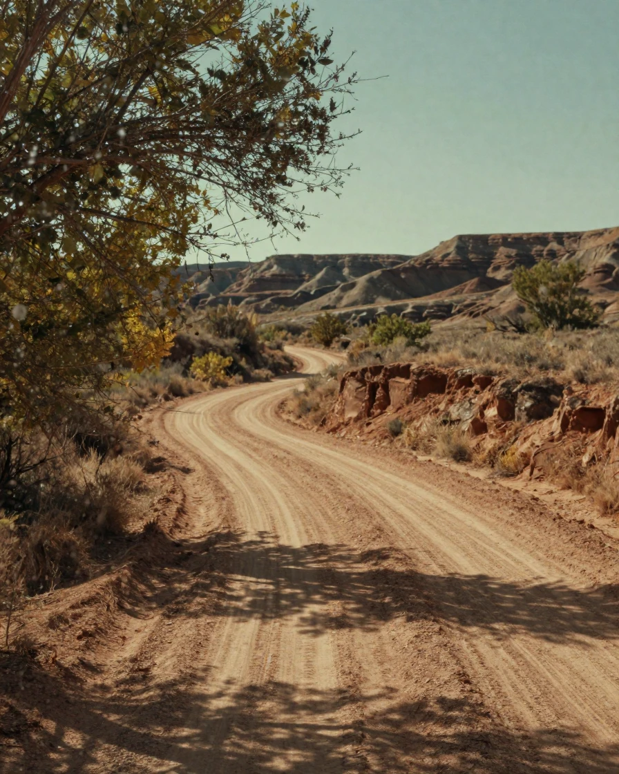 A winding dirt road disappearing into desert badlands, in dappled light filtering through leaves, in crisp, dry air, in late autumn, with muted olive and rust colors, through a rain-streaked window.