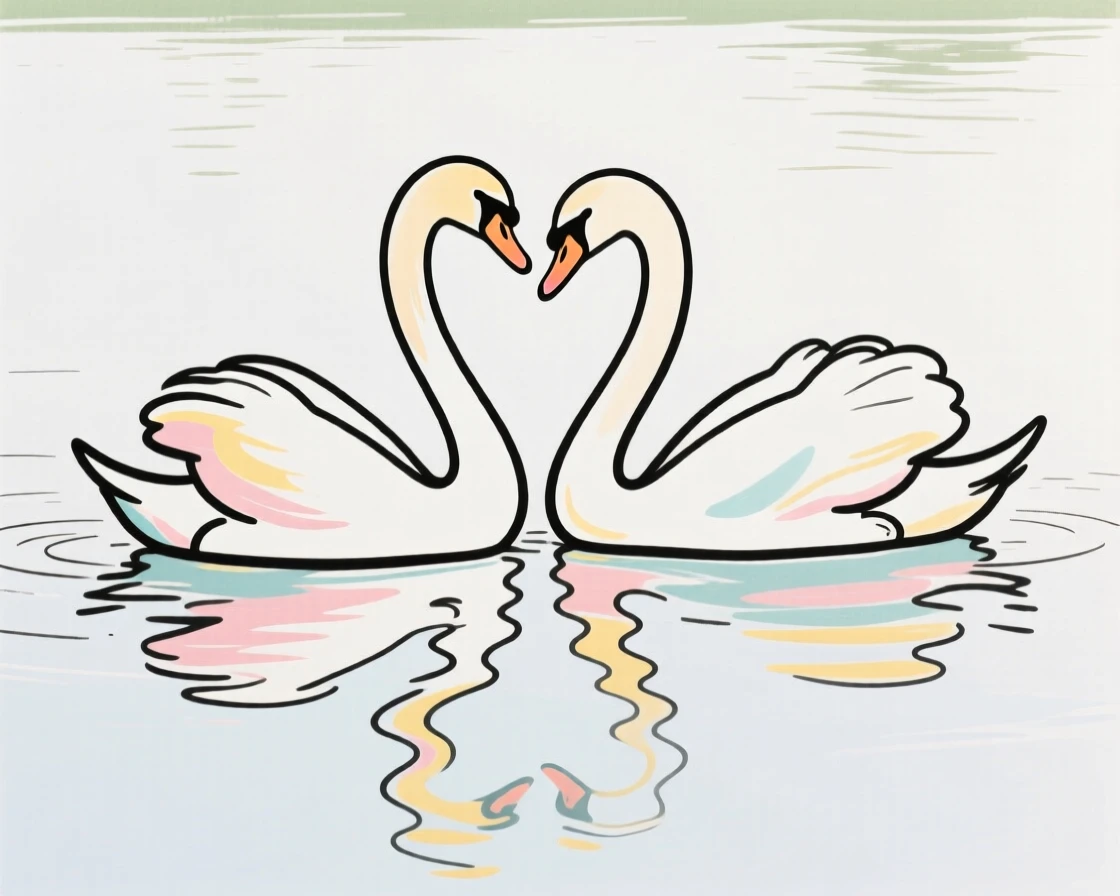 A pair of swans gliding gracefully across a calm lake.