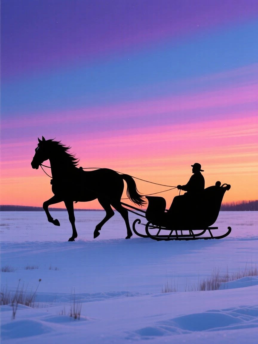 A horse-drawn sleigh gliding across an open snowy field at dusk.