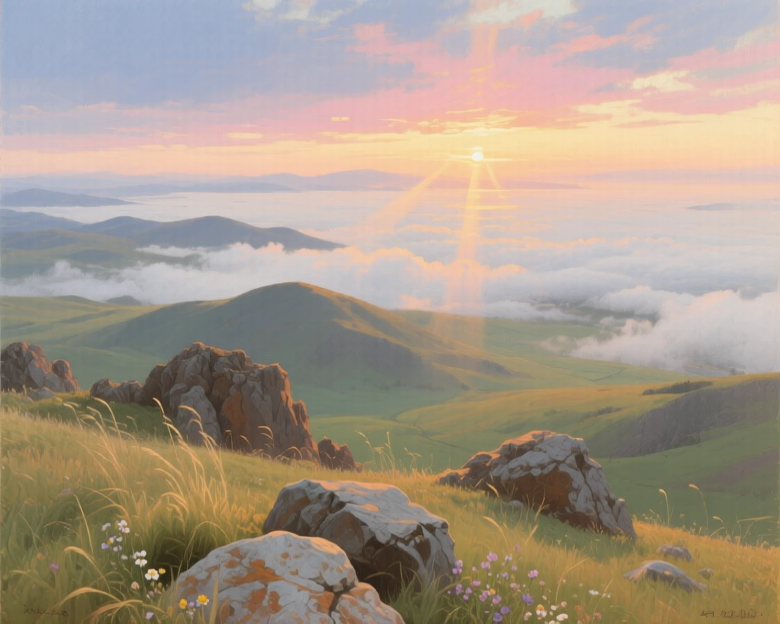 An expansive vista of a mountaintop viewpoint overlooking a sea of clouds at sunrise, in the Mongolian steppe, in a soft summer breeze.
