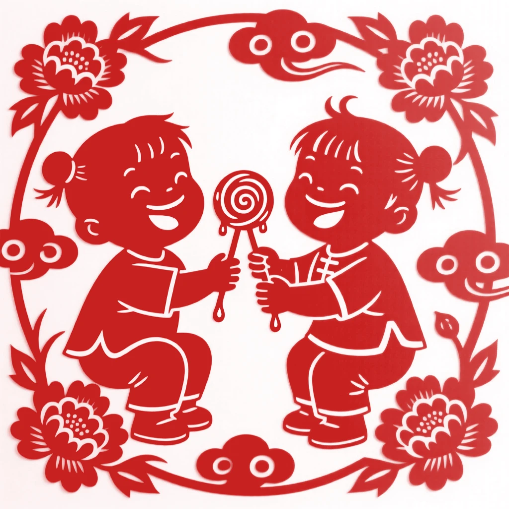 Two children sharing a single candy on a stick, sticky fingers and wide grins on both their faces