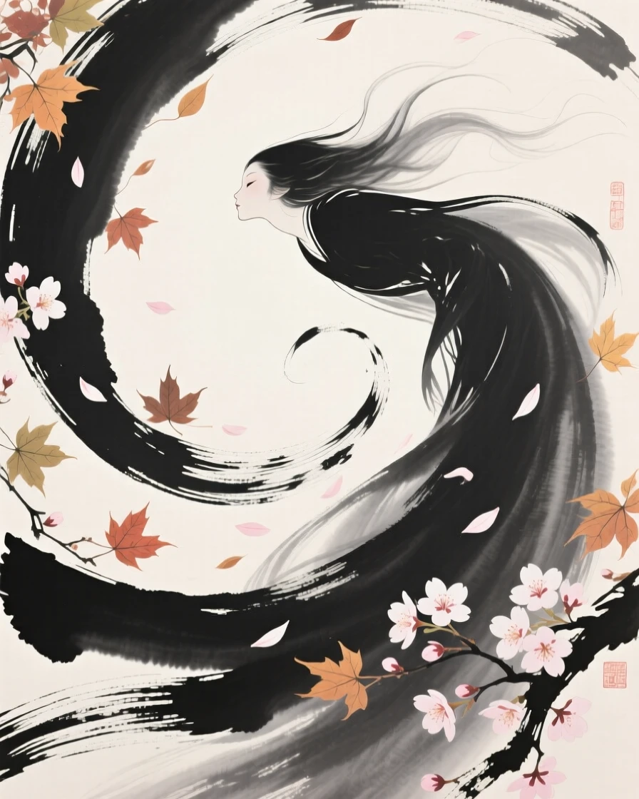 A wind spirit stirring autumn leaves into a spiral amid drifting cherry blossom petals, seen from below, looking up in quiet awe, conveying graceful power and serene majesty.