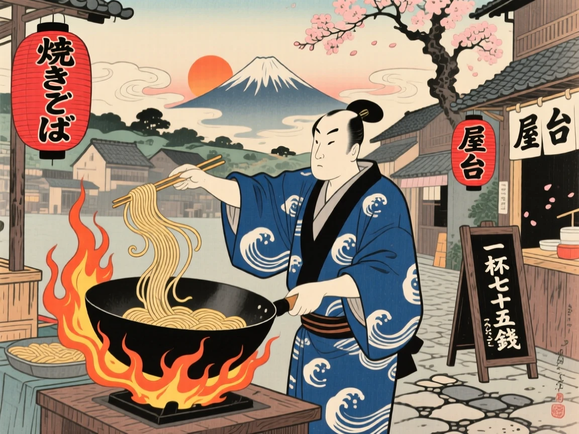 A street food vendor flipping noodles in a wok over roaring flames.