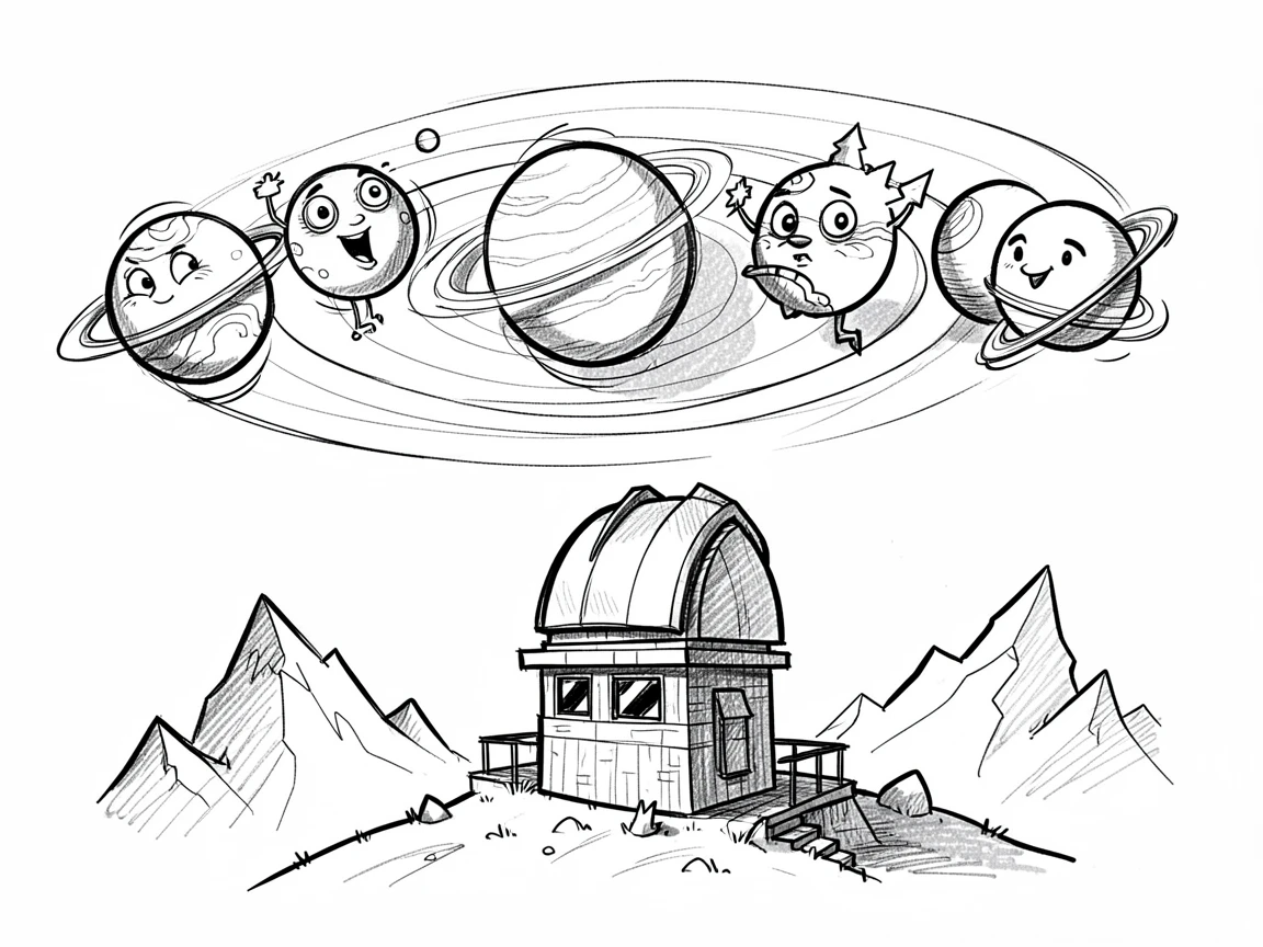 A group of planets lined up like a solar system model above a quiet mountain observatory.