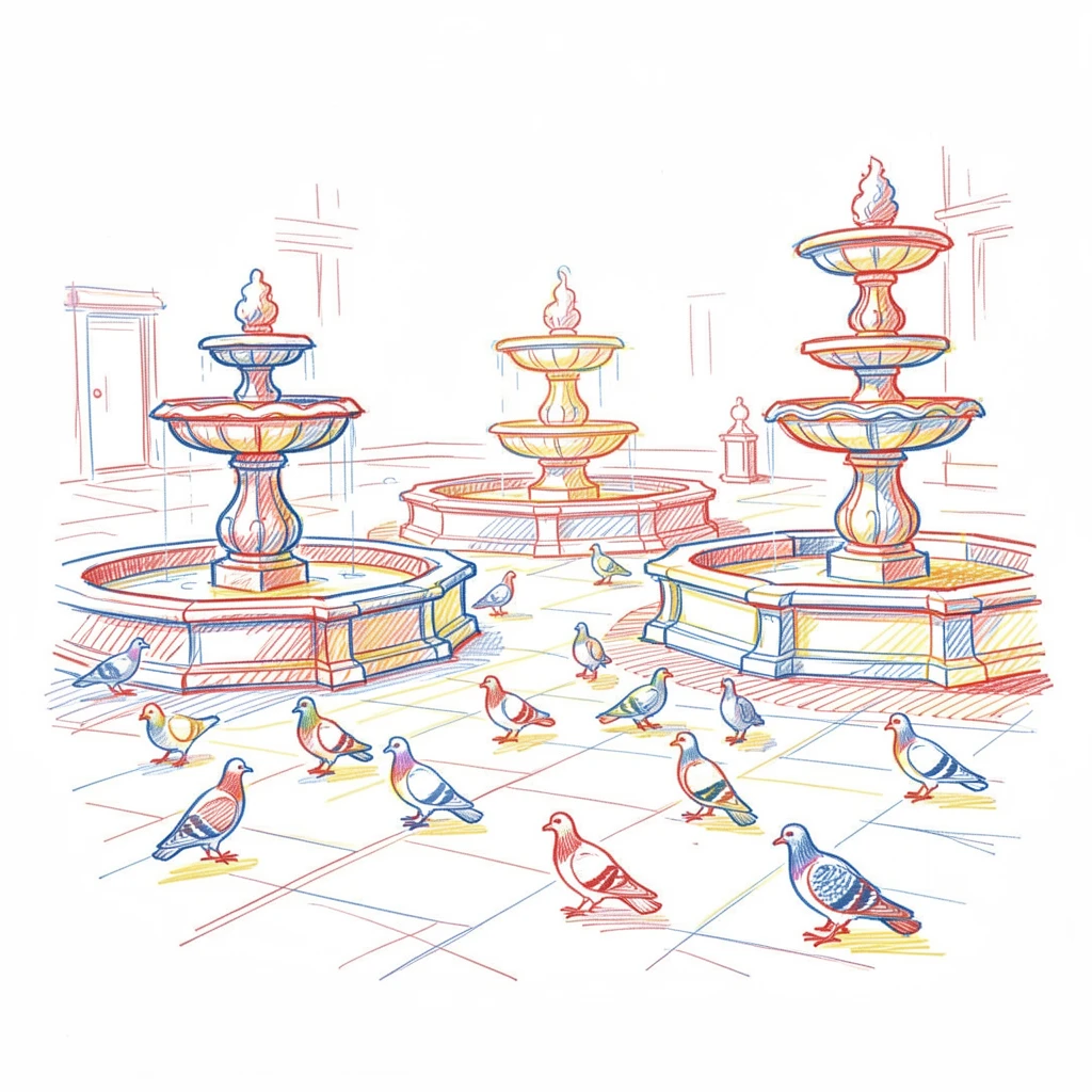 A grand plaza filled with fluttering pigeons and old stone fountains