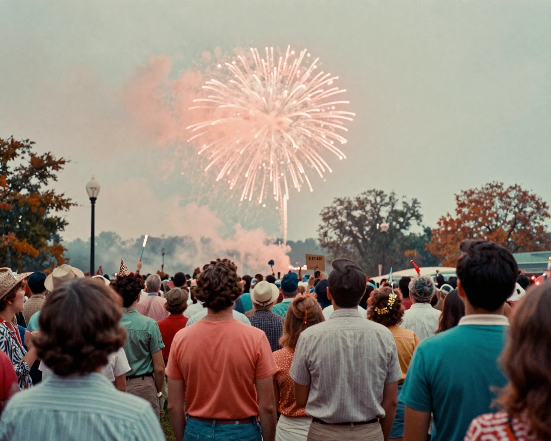 Fireworks bursting over a crowd gathered for a New Year celebration, in warm morning light, under a light drizzle, as summer fades into fall, in vivid coral and turquoise hues, from behind, looking toward the horizon.
