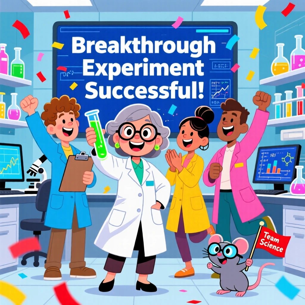 A scientist celebrating a breakthrough with colleagues in a lab.