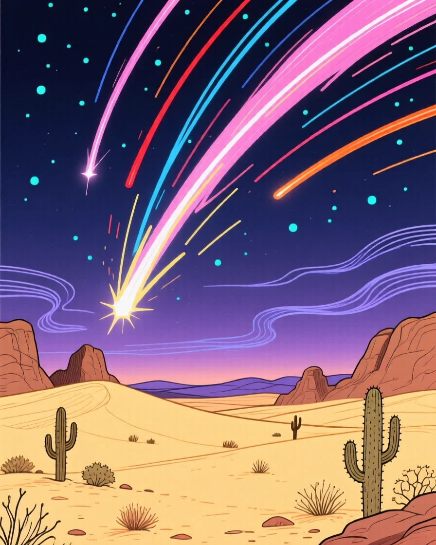 A meteor shower streaking over a quiet desert landscape.