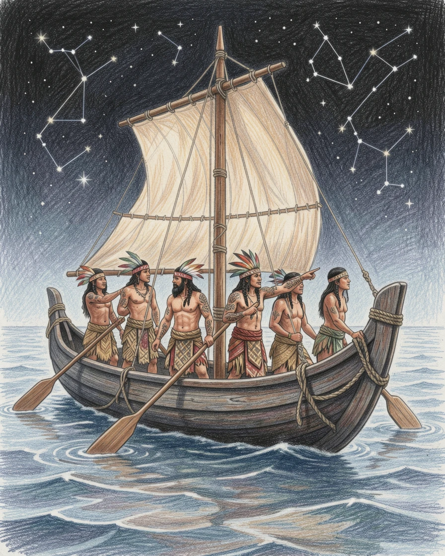 An ancient Polynesian voyaging canoe navigating by starlight, with careful attention to period-accurate clothing and setting, capturing the grandeur of a bygone era.