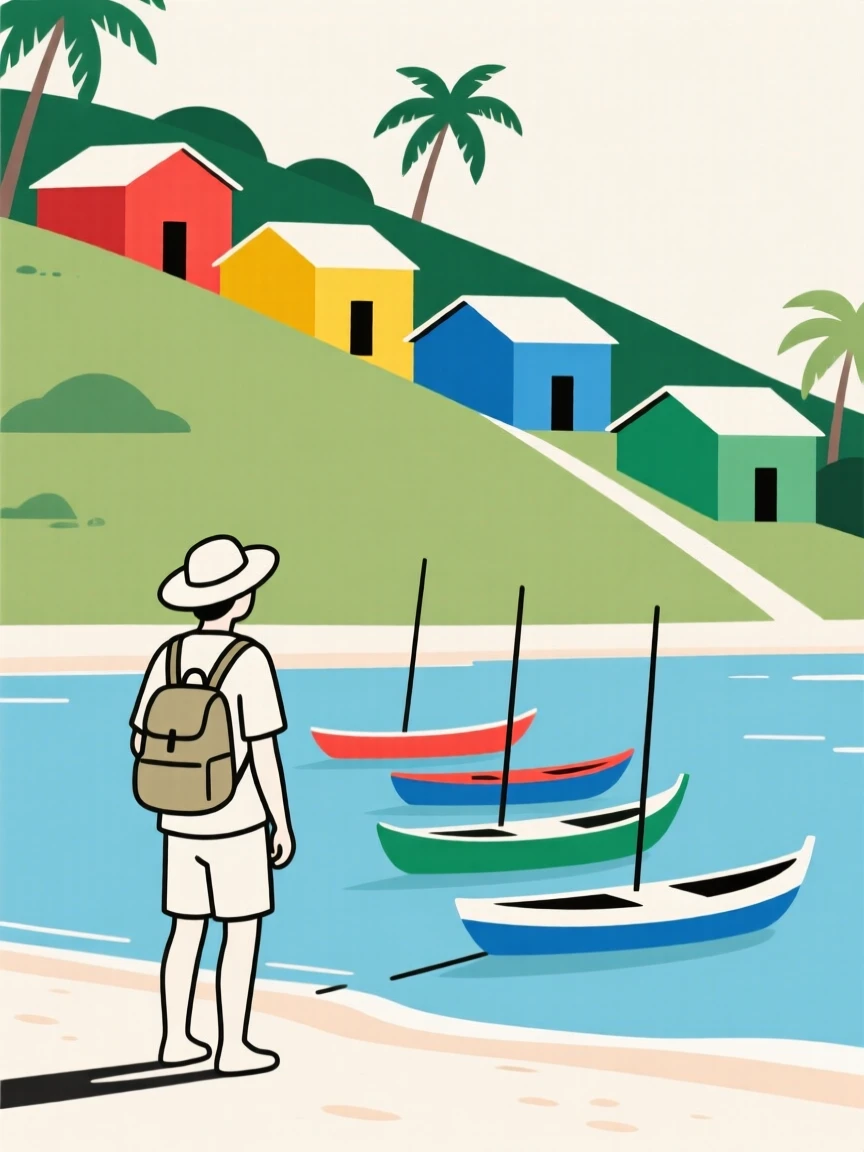 A traveler standing before a colorful hillside village in a tropical archipelago, with a row of fishing boats nearby, feeling adventurous excitement.