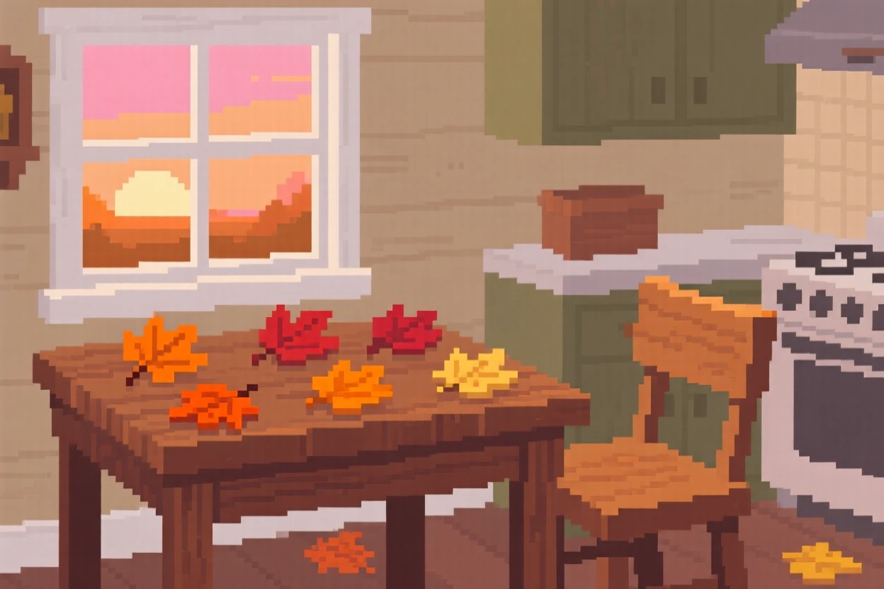 A study desk scattered with autumn leaves blown in from outside, in a farmhouse kitchen at sunrise.