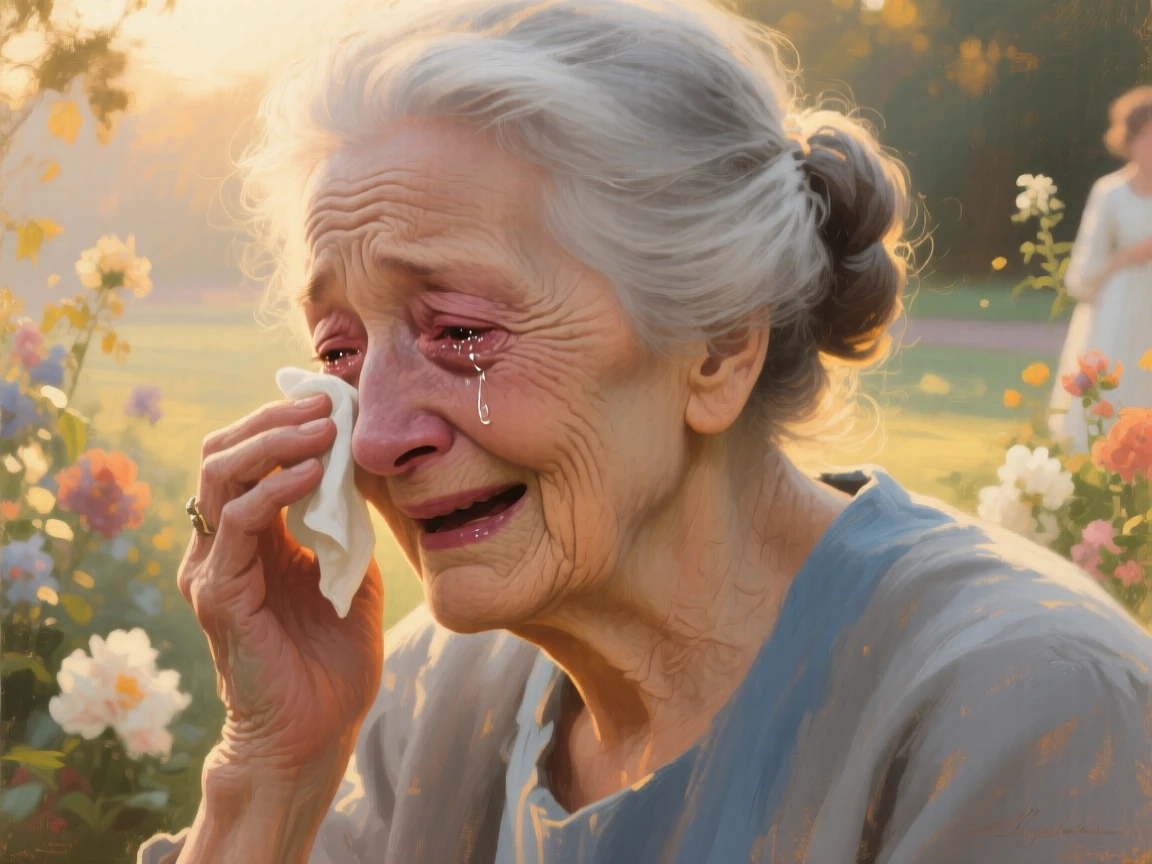 A detailed close shot of a grandmother wiping away tears of joy at a family wedding, in early morning light, in bright warm sunshine.