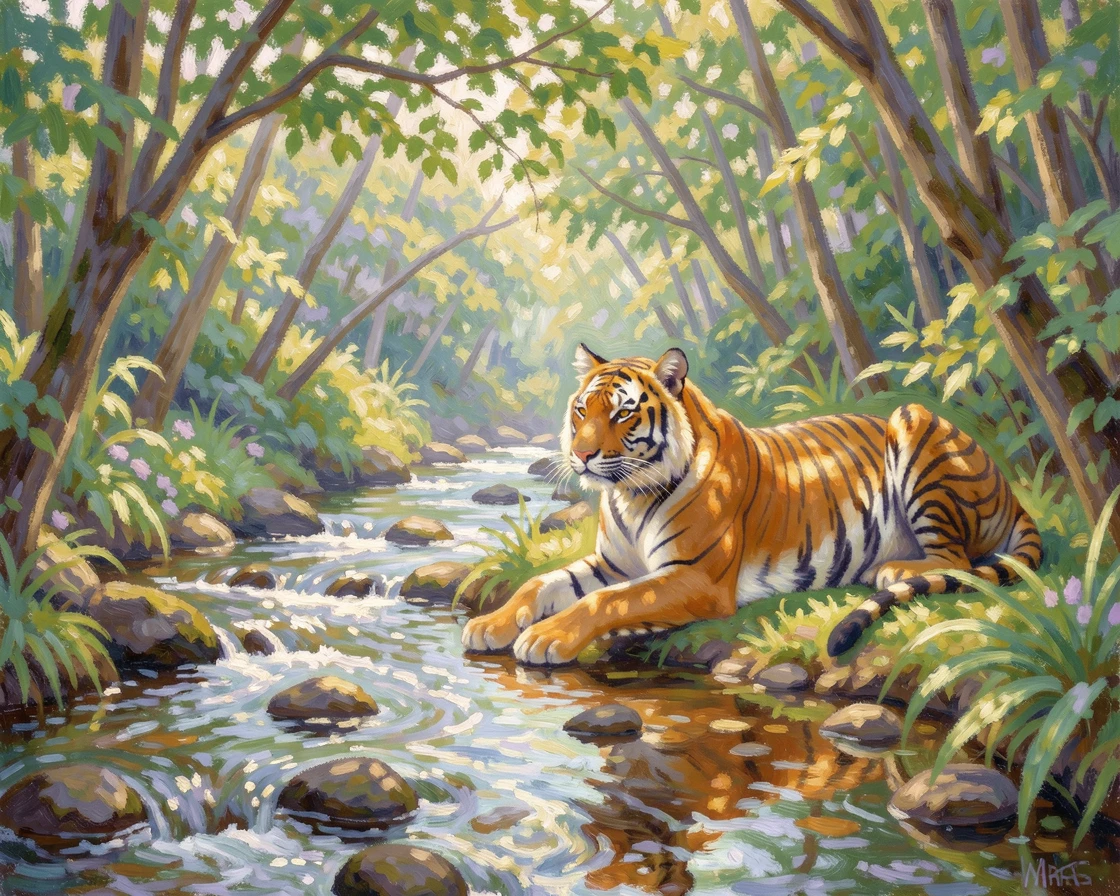 A tiger resting beside a jungle stream, dappled light filtering through dense green canopy, in early spring, evoking a sense of peace and quiet wonder.