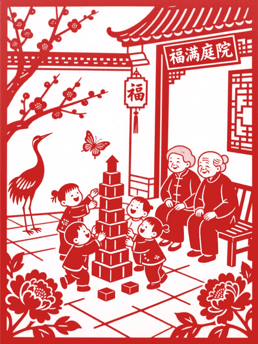 A group of laughing children, building a small tower of blocks in a courtyard, grandparents watching fondly from a nearby bench.